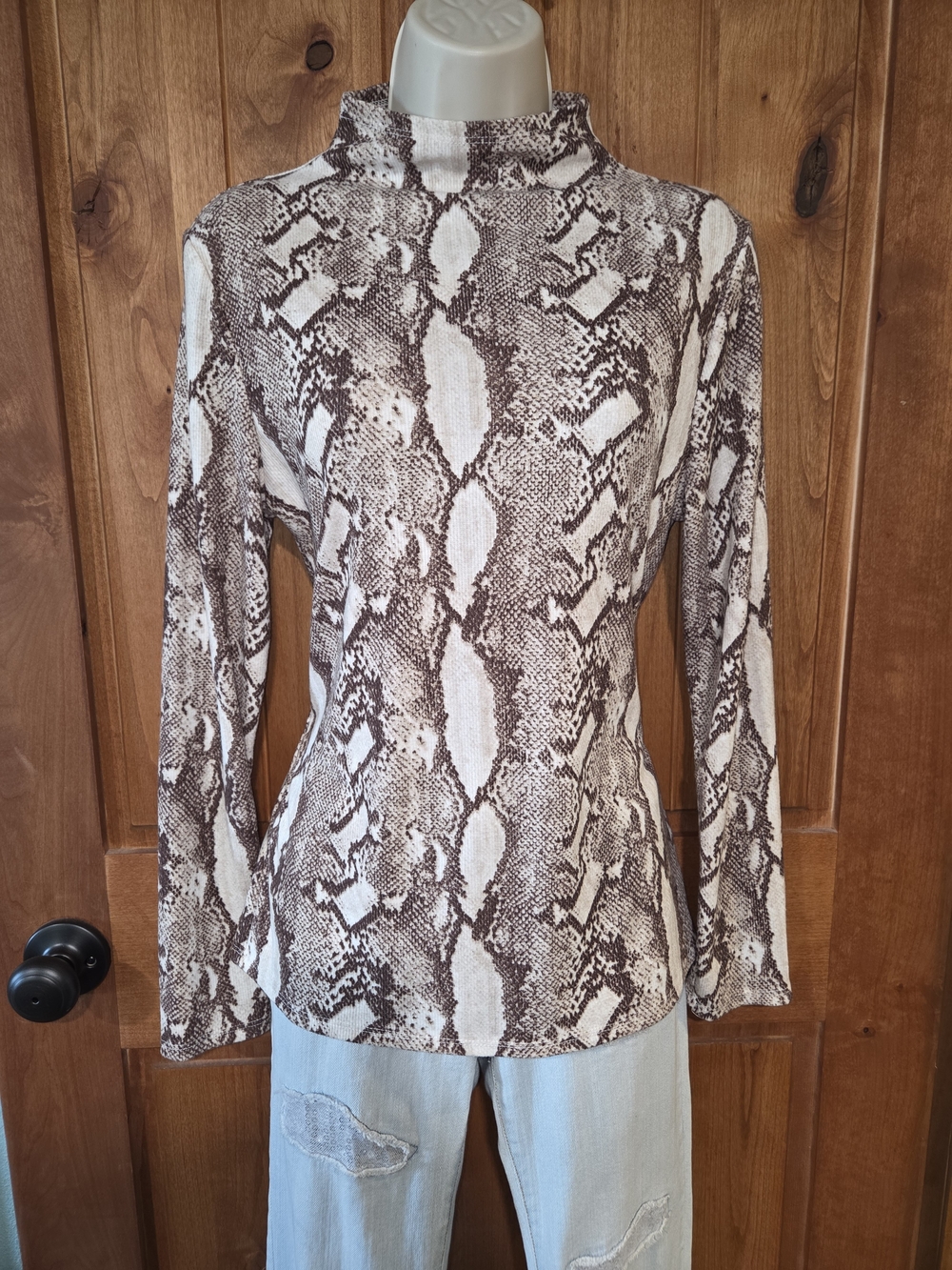 Worthington Brown & Cream Snake-Print Mock Neck Top